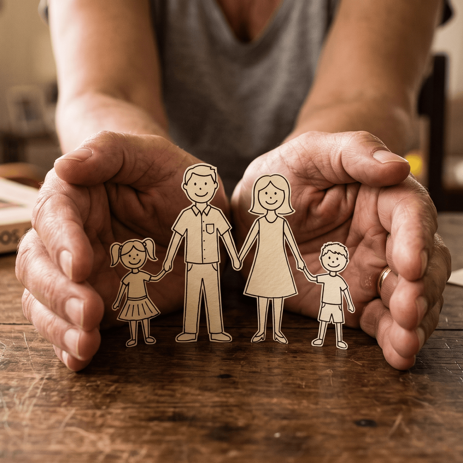 Mãos protegendo imagem bonequinhos de papel que representam família